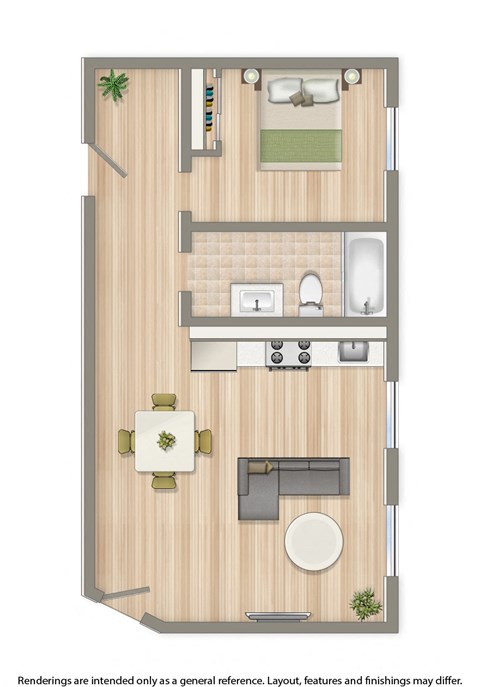 1 bedroom floor plan at 1818 riggs 575 square feet